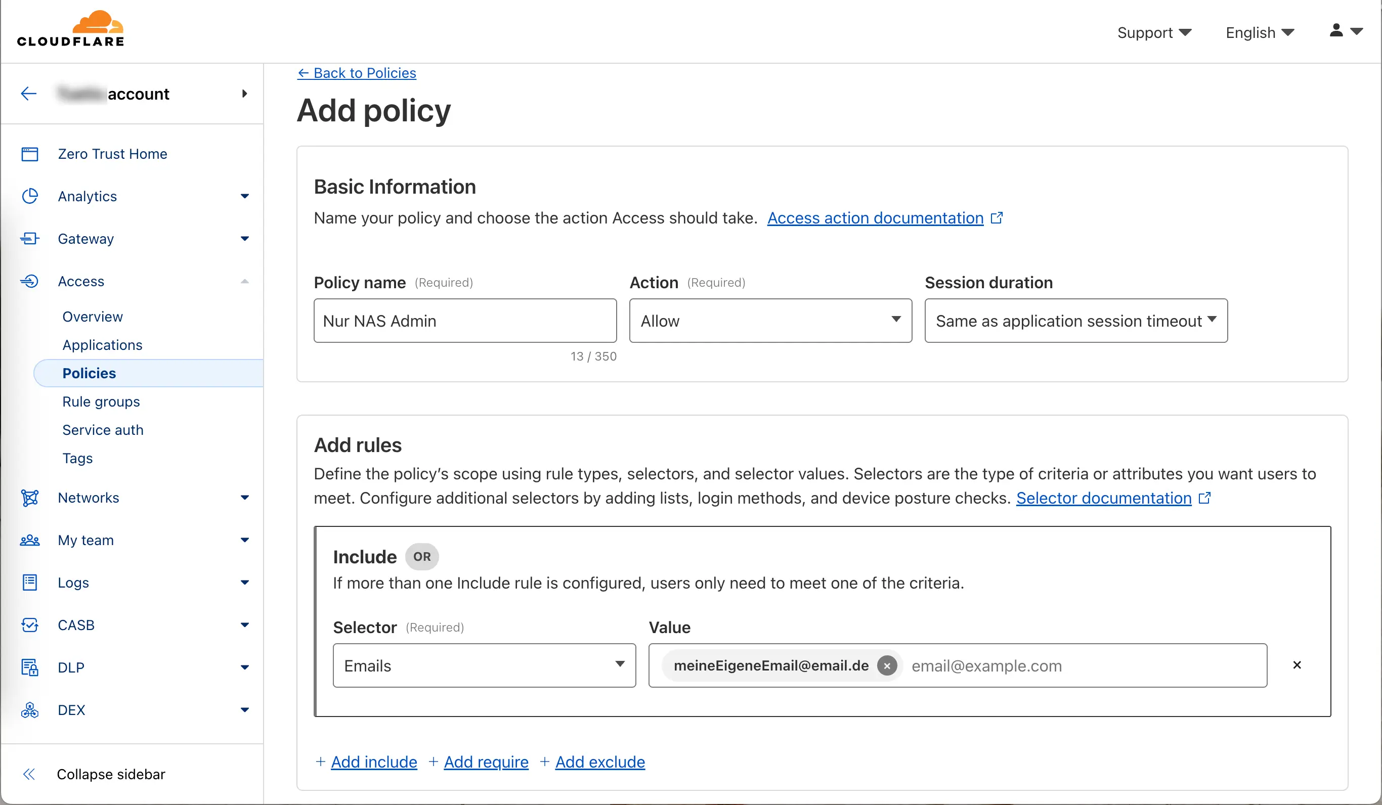 Beispiel einer Cloudflare Access Policy mit Namen und Beispiel-Email