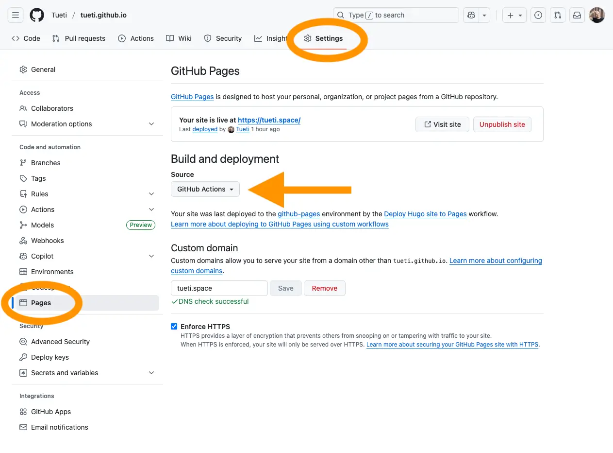 Hier muss eine GitHub Action ausgewählt werden ‘Die Pages Settings im GitHub Repository’