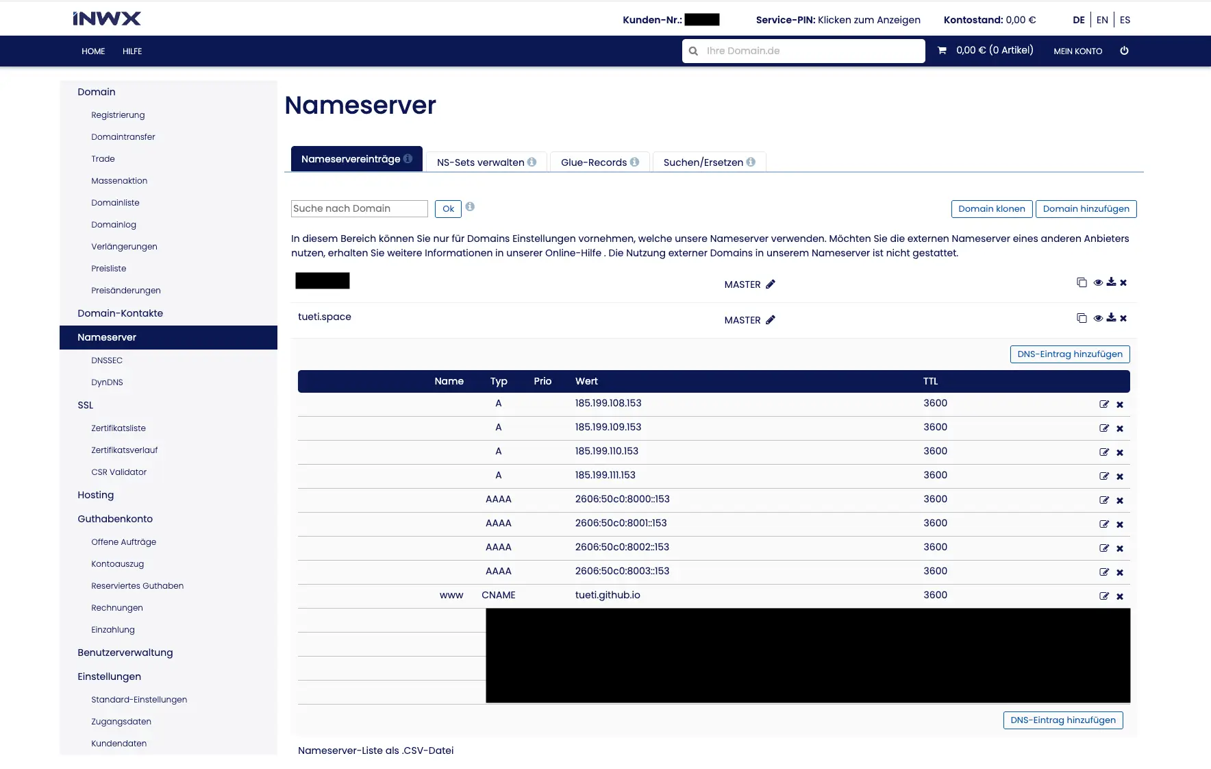 So sollte eure Domain Konfiguration bei INWX aussehen