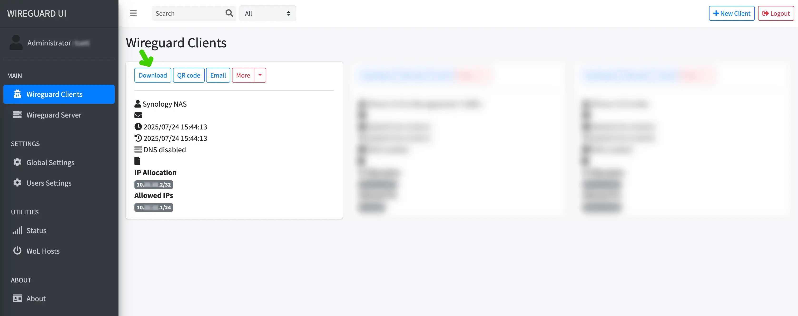 ‘Ein angelegter Client in WireGuard-UI namens “Synology NAS”’