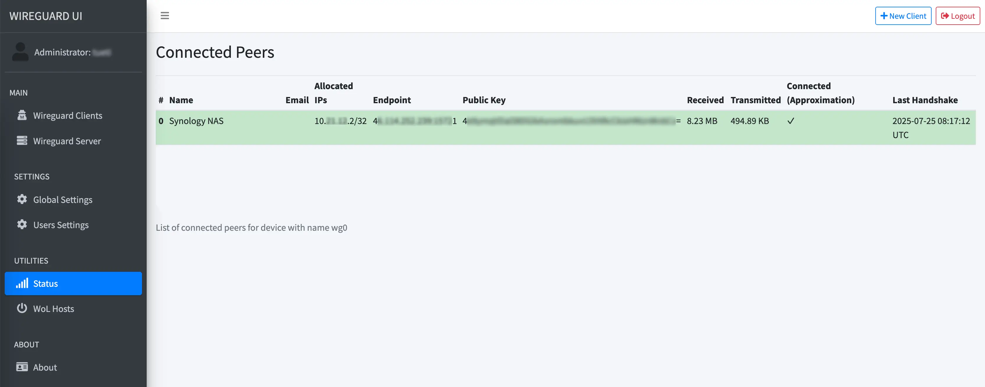 DasWireGuard-UI Interface zeigt ein per WireGuard verbundenes Synology NAS