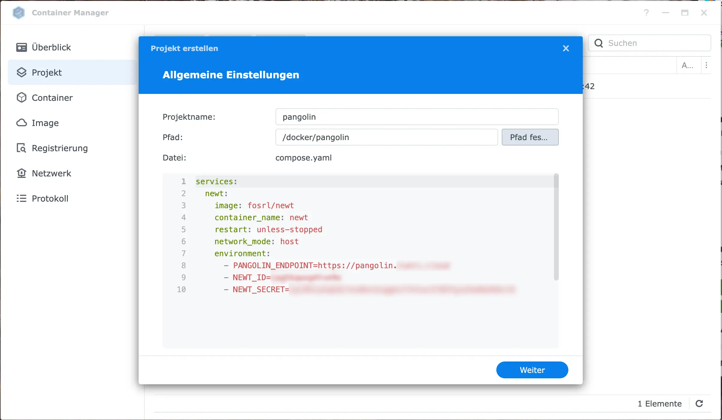 Mein Container Projekt für Pangolin im Synology Container Manager