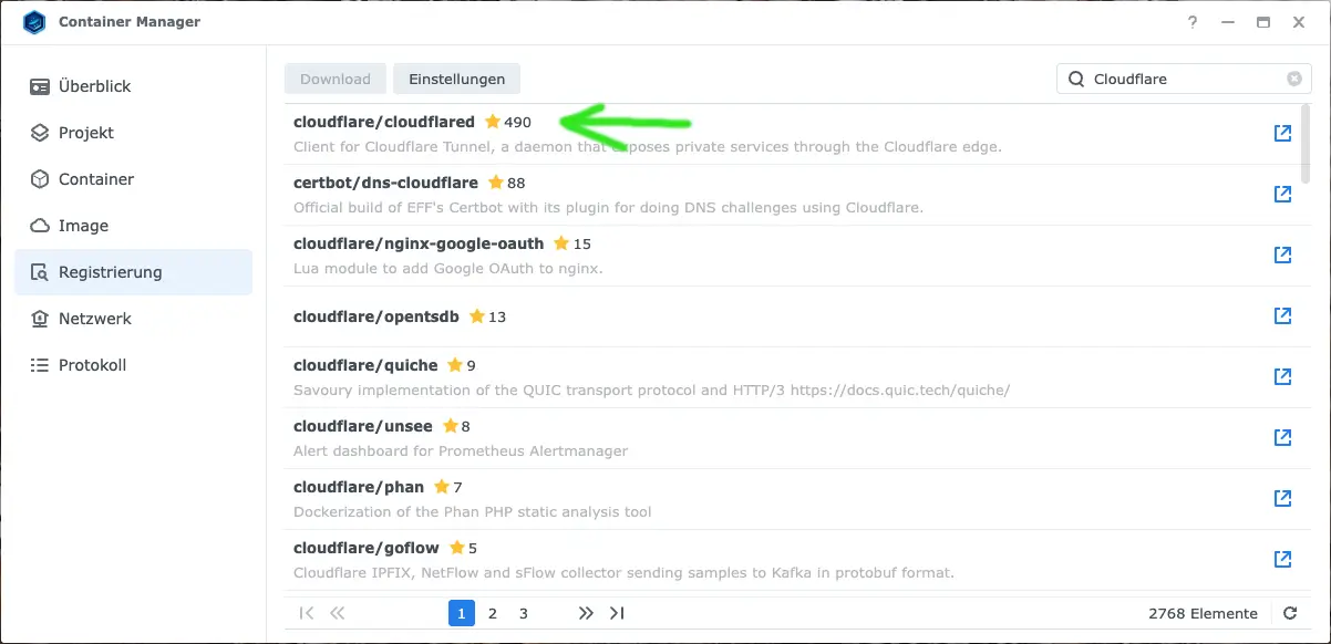 Image “cloudflare/cloudflared” in der Image Registrierung