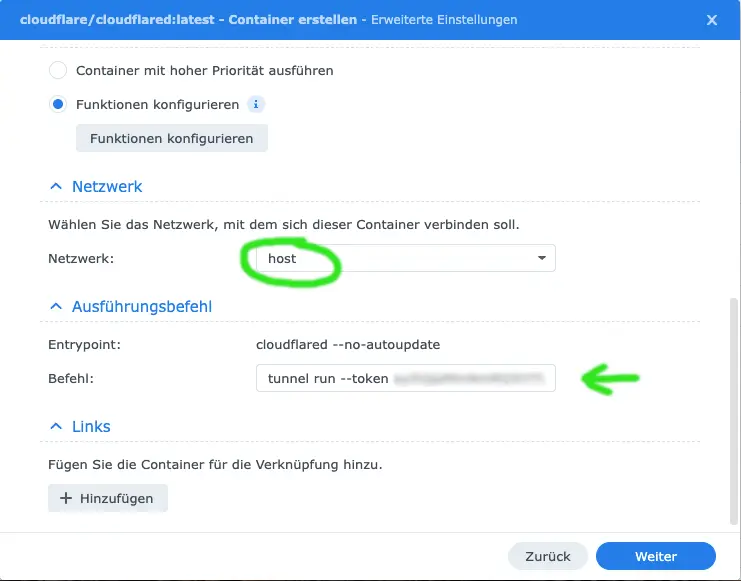 Modifizierungen bei Netzwerk und Ausführungsbefehl